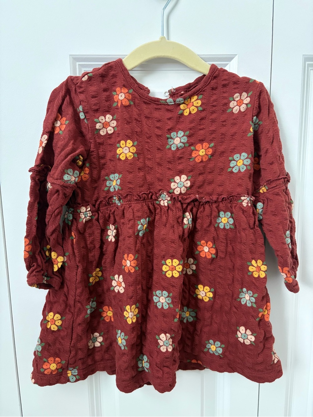 Girls' Textured Floral Long-Sleeve Dress - Burgundy